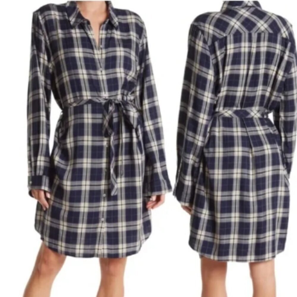 Faherty Lakeridge Blue Cream Plaid Tie Waist Long Sleeve Shirt Dress XS